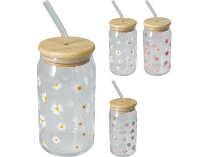 sklen. 500ml, 1ks, KYTIČKY, 3dekory, brčko, uz.bambus, sklo