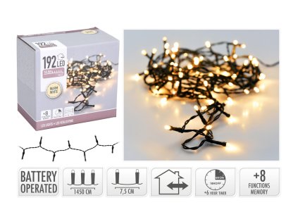 osvětlení vánoční 15m 192LED teplá BÍ, 8 funkcí, ZE, IP44 35 22068