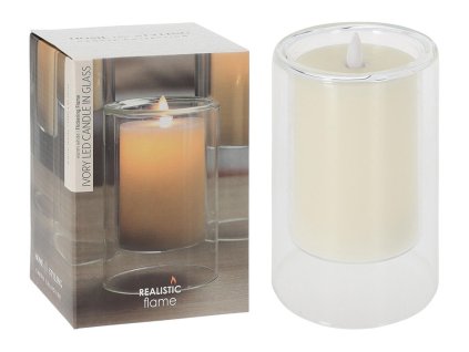 svíčka LED pr.10x15cm, blikající plamen, ve skle, IVORY 35 22780