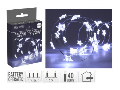 osvětlení vánoční  1,95m 40LED studená BÍ, drát, HVĚZDY 35 23108