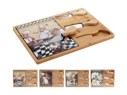 prkénko na sýr 30,5x21,5x1,2cm,2xnůž,1xvidlička,bambus/keramika,mix dekorů