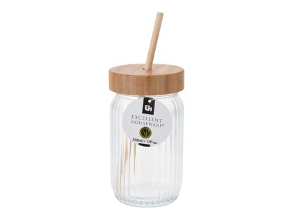 sklenice 500ml s víčkem a brčkem bambus/sklo
