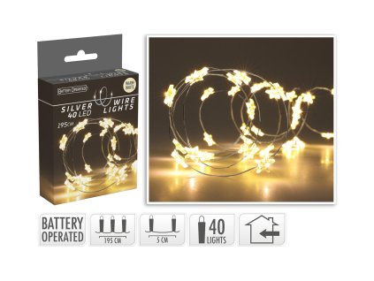 osvětlení vánoční  1,95m 40LED teplá BÍ, drát, HVĚZDY 35 23805