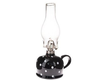 lampa petrol. d11x28cm, černá+bílý puntík, porcelán/sklo