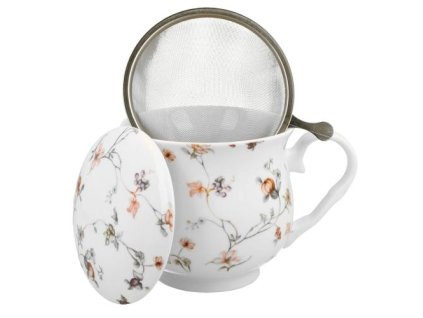 hrnek 430ml baňatý SAFA kytičky+víčko+sítko NR, porcelán, DB