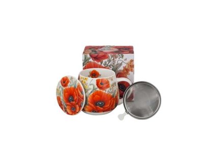 hrnek 430ml baňatý VLČÍ MÁKY+víčko+sítko NR, porcelán, DB