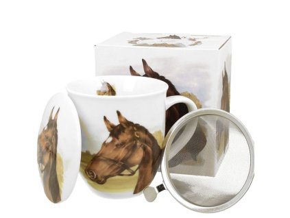 hrnek 400ml baňatý HLAVA KONĚ+víčko+sítko NR, DB, porcelán