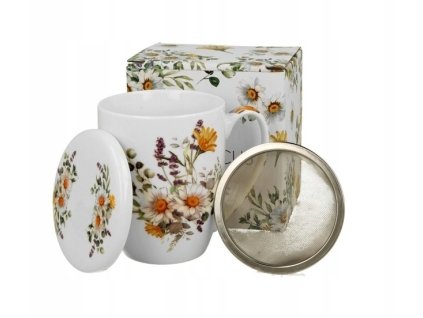 hrnek 380ml, DAISY LUČNÍ KVĚTY+víčko+sítko NR, porcelán, DB