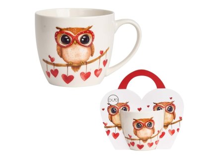hrnek 460ml baňatý SOVA na větvi se srdíčky, DB taška, porcelán