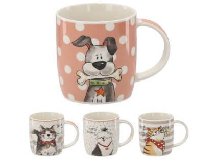 hrnek 365ml, 4dekory, KOČKA/PES, porcelán