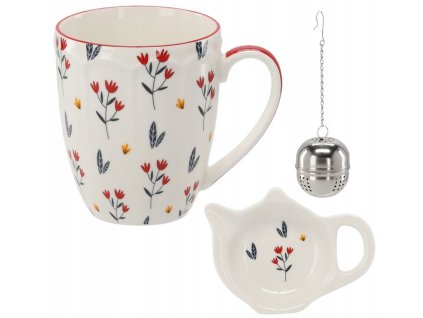 hrnek 350ml KVĚTY, 3DEKORY, čajítko, podčajník, porcelán, DB
