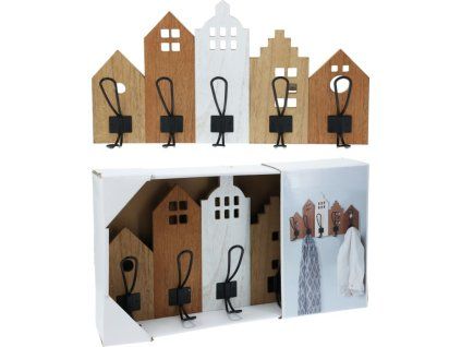 věšák 5-háčků černý kov, DOMKY, 48x25,5cm, mater.MDF