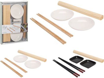 sada 7dílná na SUSHI, podl.25x21cm, 2xtalíř porc., 2x2hůlky, 2držáky