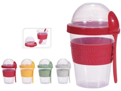 kelímek 0,60l+lžička, JOGURT silik.držák, 4barvy, d10,5 x 6,5cm,plast
