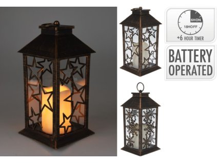 lucerna 14x14, v. 28cm, LED osv., 2 druhy, imitace mosazi, plast