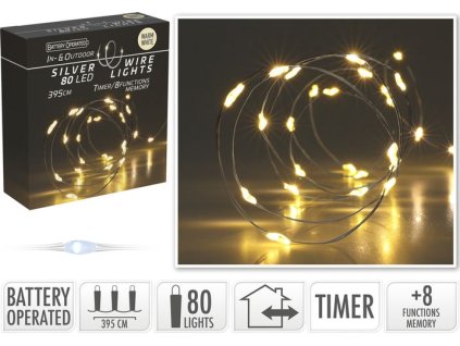 řetěz 395cm, 80LED žlutá, venkovní/vnitř., časovač