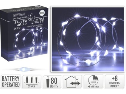 řetěz 395cm, 80LED bílá, venkovní/vnitř., časovač