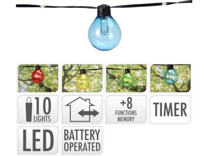 řetěz 2,4m, PÁRTY "ŽÁROVKA", barevný, 10LED, na baterie