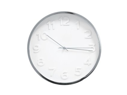 hodiny d30cm, chrom/bílé, kulaté nástěnné, plast