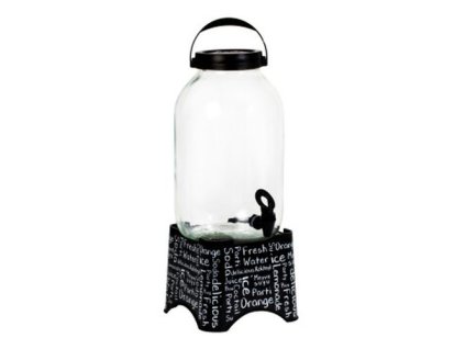 láhev 5,0l sklo s kohoutem, černý plast.stojan s nápisy