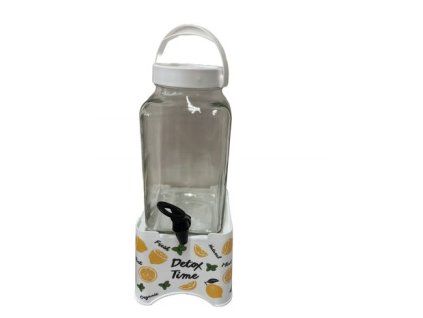 láhev 3,0l sklo s kohoutem, bílý plast.stojan DETOX TIME