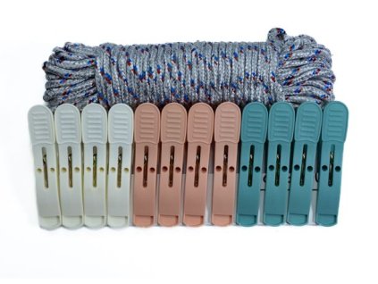 šňůra 13m+kolíčky 12ks (8,5x1,8x3,8cm), 3barvy, kov.pružina, plast