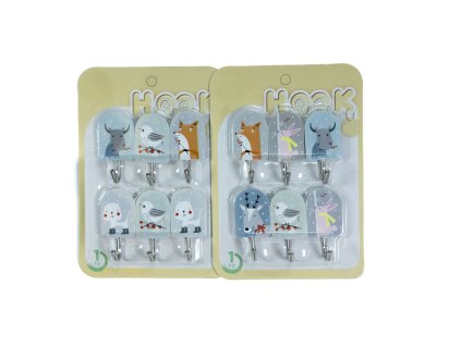 háček- 6ks-ZVÍŘÁTKA-MIX DEKORŮ, samolep., kov/plast