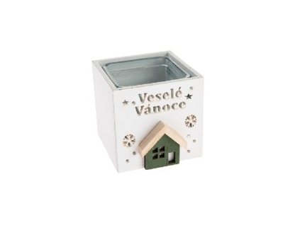 svícen VESELÉ VÁNOCE 9x9x8.5cm, Domeček,  sklo/bílé dřevo