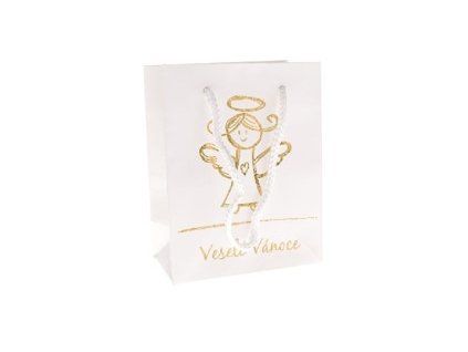 taška dárk. S, VESELÉ VÁNOCE, 11,4x14,6x6,5cm, bílá, papír