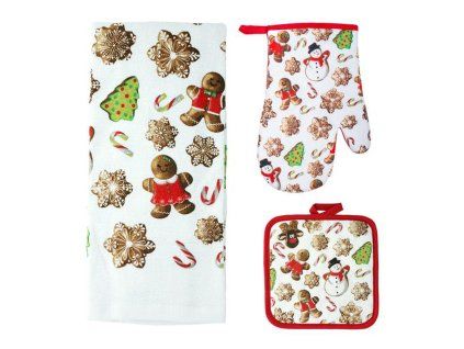 Kuchyňský set TORO perníčky - rukavice, chňapka, utěrka
