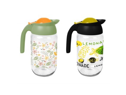 džbán 1,5l, MIX 2 dekorů, zel. nebo černé víčko, sklo/plast